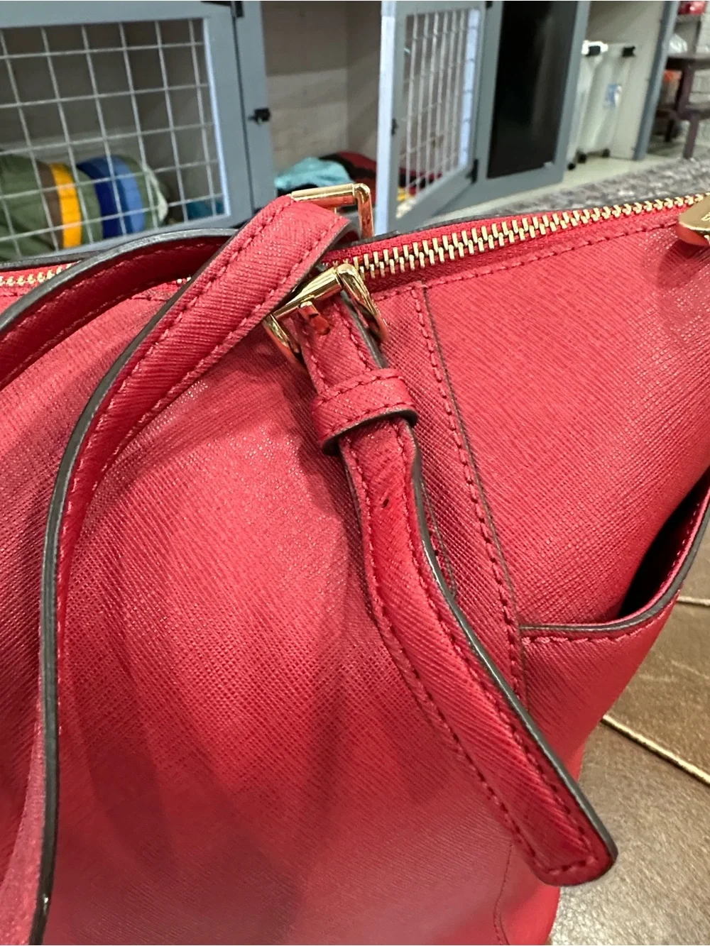 Michael Kors Red Saffiano Tote with Gold MK Charm
